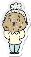 distressed sticker of a cartoon happy old lady png