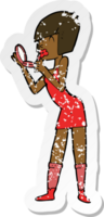 retro distressed sticker of a cartoon woman applying lipstick png