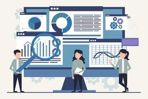 Data analysis concept. Group of business people working on computer. Design illustration in flat style vector