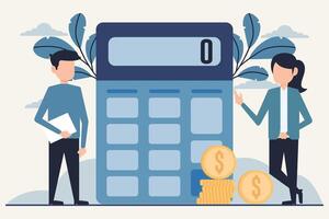 Calculator with coins and business people. Flat design style illustration vector