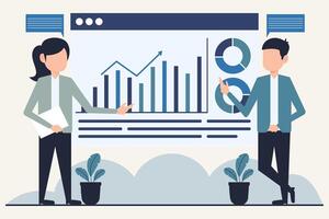 Business people working with charts. Businessman and businesswoman working together. Design illustration in flat style vector