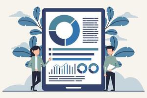 Design illustration of business people analyzing financial data on tablet screen. Flat style design vector