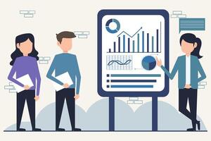 Flat design illustration of business people discussing financial charts and graphs vector