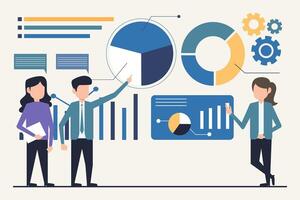 Business people working with charts and diagrams. Design illustration in flat style vector