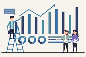 Business people standing on ladder and analysing business graph. Illustration flat design vector