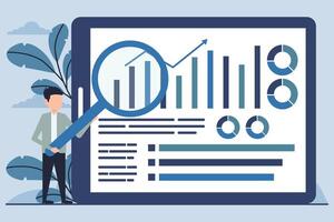 Businessman with magnifying glass looking at data analysis. Design illustration vector