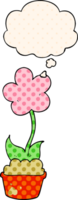 cute cartoon flower with thought bubble in comic book style png