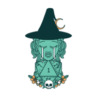 icon of sad half orc witch character with natural one D20 roll png