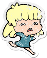 distressed sticker of a cartoon worried woman png