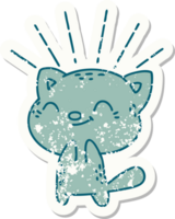 worn old sticker of a tattoo style happy cat png