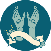 tattoo style icon with banner of mystic hands png