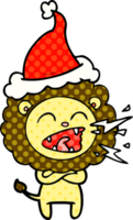 main tiré bande dessinée livre style illustration de une rugissement Lion portant Père Noël chapeau png