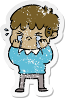 distressed sticker of a cartoon boy crying png