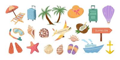 Summer travel destinations. Cute hand drawn set of travel icons. Tourism and camping adventure icons. vector