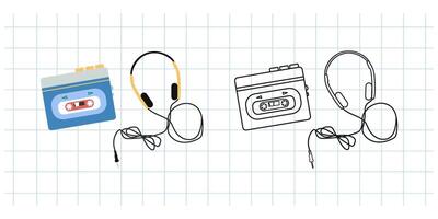 Classic y2k, 90s and 2000s aesthetic. Flat and outline style retro headphones and cassette player, vintage element. Hand-drawn illustration on background of checkered notebook sheet. vector