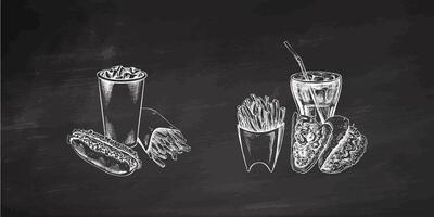 Burgers, potato french fries, drinks, set. Hand-drawn sketches of street food, takeaway food, fast food, junk food and drinks. Retro illustrations collection isolated. Vintage. vector