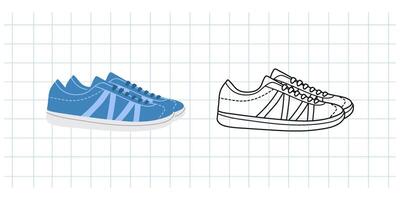 Classic y2k, 90s and 2000s aesthetic. Flat and outline style retro sneakers, sneakers, sports shoes, vintage element. Hand-drawn illustration on background of checkered notebook sheet. vector