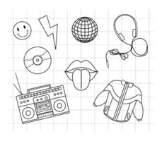 Classic y2k, 90s and 2000s aesthetic. Outline style set of vintage elements. Hand-drawn illustration on background of checkered notebook sheet. Patch, sticker, badge, emblem. vector