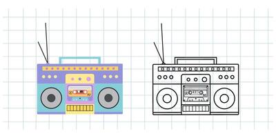 Classic y2k, 90s and 2000s aesthetic. Flat and outline style retro boombox, audio recorder, vintage element. Hand-drawn illustration on background of checkered notebook sheet. vector