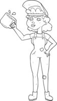 hand drawn black and white cartoon woman in dungarees png