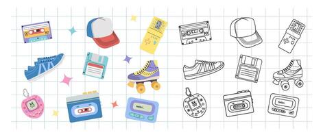 Classic y2k, 90s and 2000s aesthetic. Flat and outline style set of vintage elements. Hand-drawn illustration on background of checkered notebook sheet. Patch, sticker, badge, emblem. vector