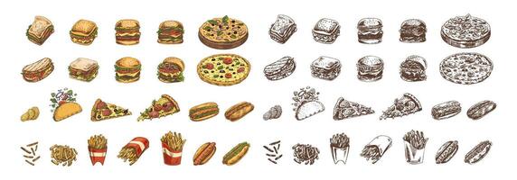 Hand-drawn colored and monochrome sketches of street food, takeaway food, fast food, junk food and drinks. Burgers, potato french fries, chips, pizza, hot dogs, burritos, tacos, set. Great for menu. vector