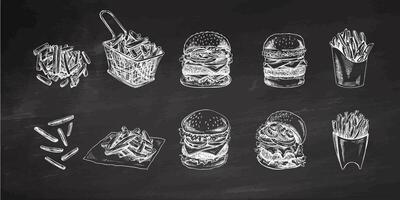 Burgers and potato french fries set on chalkboard background. Hand-drawn sketch of different burgers and french fries. Fast food retro illustrations isolated. Vintage illustration. vector