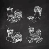 Burgers, potato french fries, drinks, set. Hand-drawn sketches of street food, takeaway food, fast food, junk food and drinks. Retro illustrations collection isolated on chalkboard background. vector