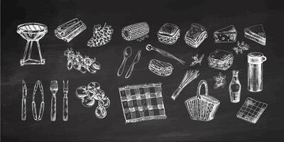 A set of monochrome hand-drawn sketches of barbecue and picnic elements on chalkboard background. For design of menu of restaurants and cafes, grilled food. Vintage illustration. Engraved image. vector