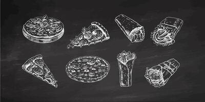 Hand-drawn sketch of pizza and burritos set. Different types of pizza and burrito on chalkboard background. Vintage illustration. Element for the design of labels, packaging and postcards. vector