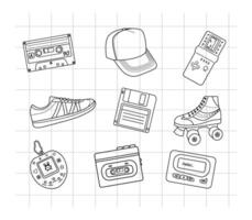 Classic y2k, 90s and 2000s aesthetic. Outline style set of vintage elements. Hand-drawn illustration on background of checkered notebook sheet. Patch, sticker, badge, emblem. vector