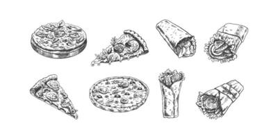 Hand-drawn sketch of pizza and burritos set. Different types of pizza and burrito. Vintage illustration. Element for the design of labels, packaging and postcards. vector