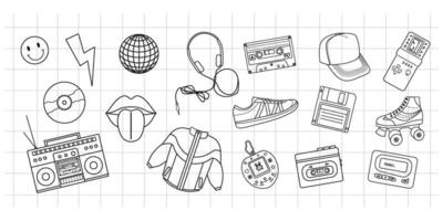 Classic y2k, 90s and 2000s aesthetic. Outline style set of vintage elements. Hand-drawn illustration on background of checkered notebook sheet. Patch, sticker, badge, emblem. vector