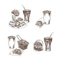 Burgers, potato french fries, drinks, set. Hand-drawn sketches of street food, takeaway food, fast food, junk food and drinks. Retro illustrations collection isolated. Vintage illustration. vector