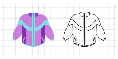 Classic y2k, 90s and 2000s aesthetic. Flat and outline style retro tracksuit of the 90s, jacket, zip-up jacket, vintage element. Hand-drawn illustration on background of checkered notebook sheet. vector