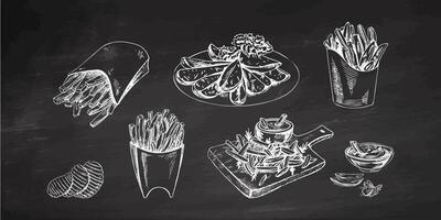 Hand-drawn sketch of potato french fries, chips and potato slices set. Vintage illustration on chalkboard background. Element for the design of labels, packaging and postcards. vector