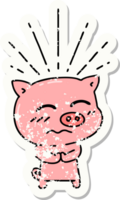 vieil autocollant usé d'un personnage de cochon nerveux de style tatouage png