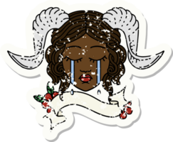 Retro Tattoo Style crying tiefling character face with scroll banner png