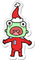 main tiré autocollant dessin animé de une bizarre extraterrestre communicant portant Père Noël chapeau png