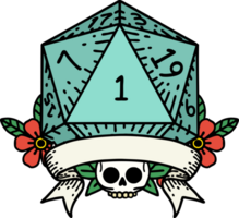 Retro Tattoo Style natural one d20 dice roll png