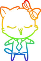rainbow gradient line drawing of a cartoon cat with bow on head png