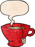 cartoon cup of tea with speech bubble in retro texture style png