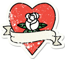 distressed sticker tattoo in traditional style of a heart rose and banner png