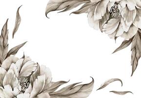 mano dibujado acuarela grisalla monocromo peonía tulipán Rosa flores, brotes y hojas. frontera marco aislado en blanco antecedentes. invitaciones, Boda o saludo tarjetas, floral comercio, imprimir, textil vector