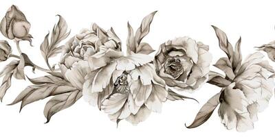 Hand drawn watercolor grisaille monochrome peony tulip ranunculus flowers, buds and leaves. Seamless banner isolated on white background. Invitations, wedding, wallpaper, floral shop, print, textile vector