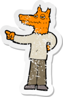 retro distressed sticker of a cartoon pointing fox man png