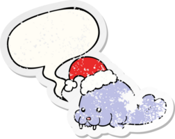 cartoon christmas walrus with speech bubble distressed distressed old sticker png