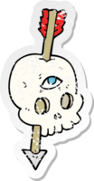 retro distressed sticker of a cartoon magic skull with arrow through brain png