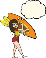 cartoon woman carrying canoe with thought bubble png