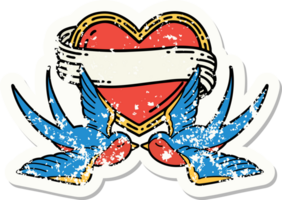 distressed sticker tattoo in traditional style of swallows and a heart with banner png